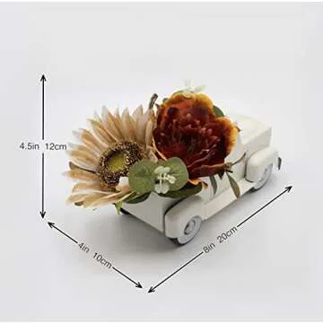 Vintage Small White Truck Decor with Fake Plants Farmhouse Table Top Decor, Metal Truck with Pumpkin,Sunflower,Peony Rustic Fall Decor for Home Coffee Table Shelf Tiered Tray Windowsill Decor, 8 inch