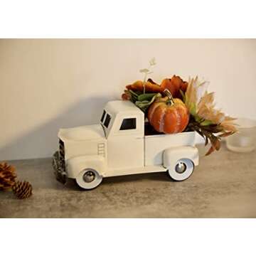Vintage Small White Truck Decor with Fake Plants Farmhouse Table Top Decor, Metal Truck with Pumpkin,Sunflower,Peony Rustic Fall Decor for Home Coffee Table Shelf Tiered Tray Windowsill Decor, 8 inch