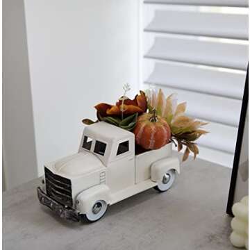 Vintage Small White Truck Decor with Fake Plants Farmhouse Table Top Decor, Metal Truck with Pumpkin,Sunflower,Peony Rustic Fall Decor for Home Coffee Table Shelf Tiered Tray Windowsill Decor, 8 inch