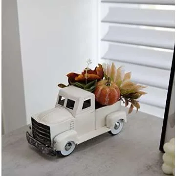 Vintage Small White Truck Decor with Fake Plants Farmhouse Table Top Decor, Metal Truck with Pumpkin,Sunflower,Peony Rustic Fall Decor for Home Coffee Table Shelf Tiered Tray Windowsill Decor, 8 inch