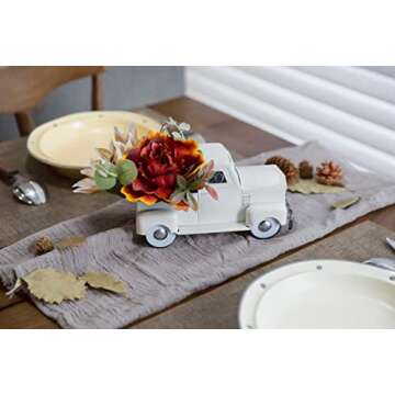 Vintage Small White Truck Decor with Fake Plants Farmhouse Table Top Decor, Metal Truck with Pumpkin,Sunflower,Peony Rustic Fall Decor for Home Coffee Table Shelf Tiered Tray Windowsill Decor, 8 inch