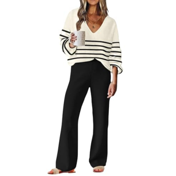 ETCYY NEW Womens 2 Piece Outfits Sweater Lounge Set Casual V Neck Knit Pajama Set Long Sleeve Top Wi...