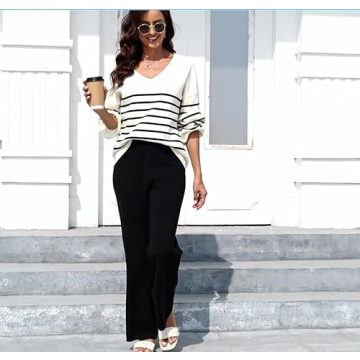 ETCYY NEW Womens 2 Piece Outfits Sweater Lounge Set Casual V Neck Knit Pajama Set Long Sleeve Top Wide Leg Pants Loungewear