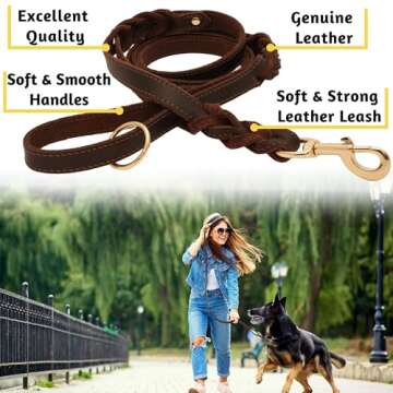 ADITYNA Double Handle Leather Dog Leash 6ft - Heavy Duty Braided Leash with Traffic Handle - Lead fo...