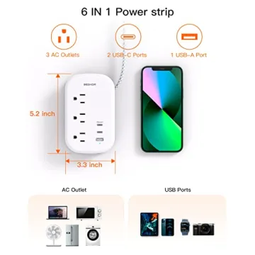 Travel Ready BESHON Flat Plug Power Strip with USB Ports