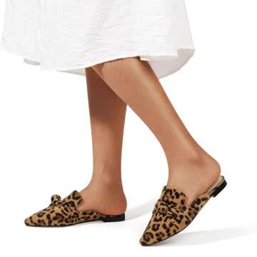 MUSSHOE Mules for Women Comfortable Pointed Toe Backless Slip-on Slides Loafer Flats with Knot,Leopard 6