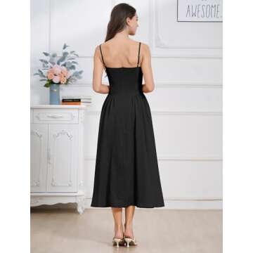 ABEHIK Corset Sundress for Women 2024 Bustier Flowy Midi Dress Spaghetti Strap Backless Casual Low Cut Summer Wedding Guest Cocktail Homecoming Party Dresses with Pockets Black XL
