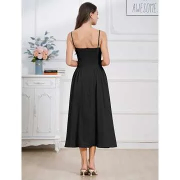 ABEHIK Corset Sundress for Women 2024 Bustier Flowy Midi Dress Spaghetti Strap Backless Casual Low Cut Summer Wedding Guest Cocktail Homecoming Party Dresses with Pockets Black XL