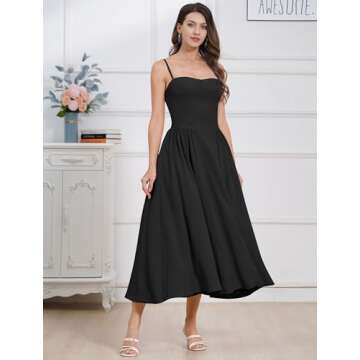 ABEHIK Corset Sundress for Women 2024 Bustier Flowy Midi Dress Spaghetti Strap Backless Casual Low Cut Summer Wedding Guest Cocktail Homecoming Party Dresses with Pockets Black XL