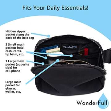 WanderFull Original Crossbody HydroBeltbag | Fanny Pack with Removable Water Bottle Holder | Adjustable Waist Bag for Carrying Your Purse, Phone, Accessories w/Tumbler Holder (Black)