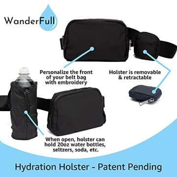 WanderFull Original Crossbody HydroBeltbag | Fanny Pack with Removable Water Bottle Holder | Adjustable Waist Bag for Carrying Your Purse, Phone, Accessories w/Tumbler Holder (Black)