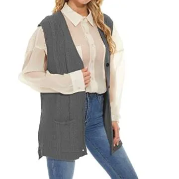Hyipels Women's Sweater Vest,Long Cable Loose Knitted Sleeveless V Neck Casual Sweaters Tank Top S~XL