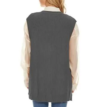 Hyipels Women's Sweater Vest,Long Cable Loose Knitted Sleeveless V Neck Casual Sweaters Tank Top S~XL