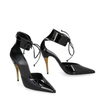 Women's Black Stiletto Slingback Heels Closed Pointed Toe Golden High Heel Ankle Strap Lace Up with ...