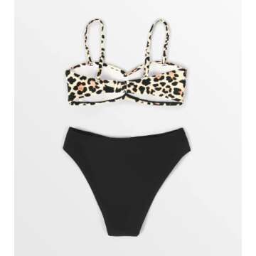 CUPSHE Women's Bikini Swimsuit Twist Leopard Low Rise Two Piece Bathing Suit, L