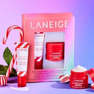 LANEIGE Divine Lip Duo: Lip Sleeping Mask Peppermint Intense Hydration with Vitamin C, Lip Glowy Balm Candy Cane