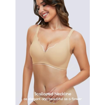 Quttlzze Womens Bras No Underwire Seamless Wireless Sleeping Bras Scalloped Deep V Bralettes Comfortable Everyday Bras-BG,S Beige
