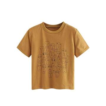 ROMWE Women's Graphic Printed Cartoon Portrait Short Sleeve Casual T-Shirt Top Khaki Small