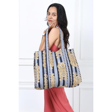 KLAVATE Women 100% Cotton Quilted Shoulder Bag Tote Bag Beach Casual Work Bag Women Large Capacity Bags for Shopping (DESIGN 4)