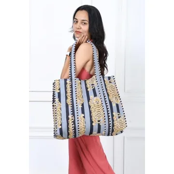 KLAVATE Women 100% Cotton Quilted Shoulder Bag Tote Bag Beach Casual Work Bag Women Large Capacity Bags for Shopping (DESIGN 4)