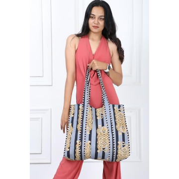 KLAVATE Women 100% Cotton Quilted Shoulder Bag Tote Bag Beach Casual Work Bag Women Large Capacity Bags for Shopping (DESIGN 4)