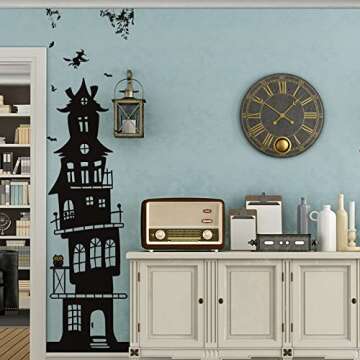 3 Sheets Halloween Wall Decals Tall Home Wall Decal Bats Ancient Castle Home Decor Removable DIY Art for Halloween Party Supplies