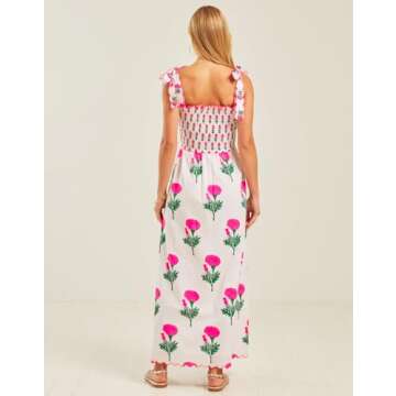 Women Boho Tie Shoulder Dress Y2k Floral Smocked Long Flowy Dresses Cute Summer Beach Spaghetti Strap Maxi Sundress