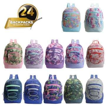 24-Pack 17" Printed Bungee Backpacks for Kids - Bookbags in Bulk for Elementary, Middle, and High Sc...