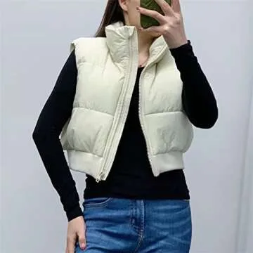 KEOMUD Women's Winter Crop Vest Lightweight Sleeveless Warm Outerwear Puffer Vest Padded Gilet Vest Beige X-Small
