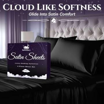 SLEEP SANCTUARY Satin Sheets Queen Size – 4 Piece Luxury Silky Bed Set, Softer Than Silk, 15" Deep Pocket, Cooling & Wrinkle-Free, Moisture-Wicking & Breathable for Hair & Skin (Black)