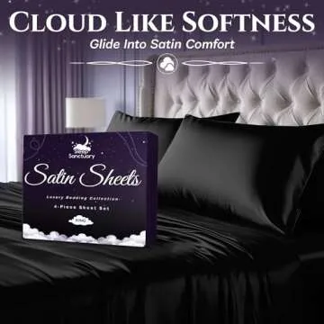 SLEEP SANCTUARY Satin Sheets Queen Size – 4 Piece Luxury Silky Bed Set, Softer Than Silk, 15" Deep Pocket, Cooling & Wrinkle-Free, Moisture-Wicking & Breathable for Hair & Skin (Black)