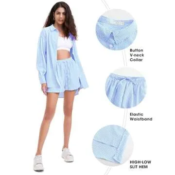 EXLURA Women's Summer 2 Piece Sets Long Sleeve Button Down Shirts Matching Short Sets Beach Vacation...