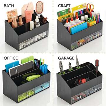 mDesign Plastic Makeup Storage Organizer with 2 Drawers and 5 Divided Sections for Bathroom, Vanity, Cabinet, Countertops - Storage for Cosmetics, Brushes, Blush - Lumiere Collection - Black/Clear