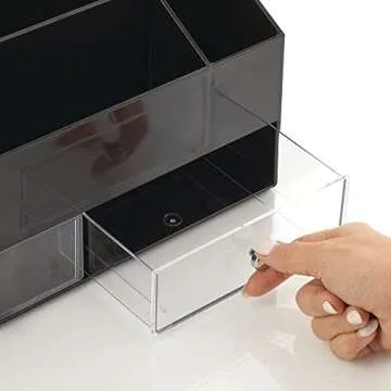 mDesign Plastic Makeup Storage Organizer with 2 Drawers and 5 Divided Sections for Bathroom, Vanity, Cabinet, Countertops - Storage for Cosmetics, Brushes, Blush - Lumiere Collection - Black/Clear