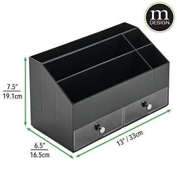 mDesign Plastic Makeup Storage Organizer with 2 Drawers and 5 Divided Sections for Bathroom, Vanity, Cabinet, Countertops - Storage for Cosmetics, Brushes, Blush - Lumiere Collection - Black/Clear