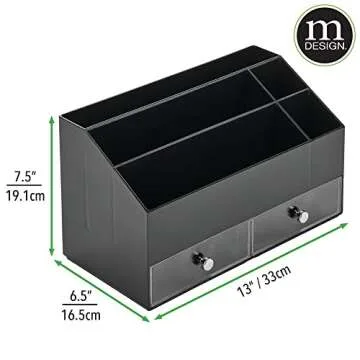 mDesign Plastic Makeup Storage Organizer with 2 Drawers and 5 Divided Sections for Bathroom, Vanity, Cabinet, Countertops - Storage for Cosmetics, Brushes, Blush - Lumiere Collection - Black/Clear