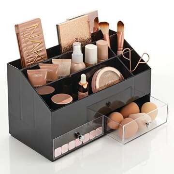 mDesign Plastic Makeup Storage Organizer with 2 Drawers and 5 Divided Sections for Bathroom, Vanity, Cabinet, Countertops - Storage for Cosmetics, Brushes, Blush - Lumiere Collection - Black/Clear