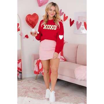 BINLANHANAT Valentine's Sweatshirt Women Love Heart Graphic Pullover Top Chenille Patch Valentines Gifts Shirt