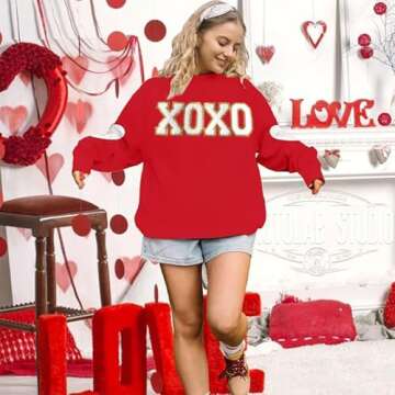BINLANHANAT Valentine's Sweatshirt Women Love Heart Graphic Pullover Top Chenille Patch Valentines Gifts Shirt