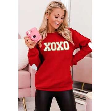 BINLANHANAT Valentine's Sweatshirt Women Love Heart Graphic Pullover Top Chenille Patch Valentines Gifts Shirt