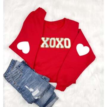 BINLANHANAT Valentine's Sweatshirt Women Love Heart Graphic Pullover Top Chenille Patch Valentines Gifts Shirt