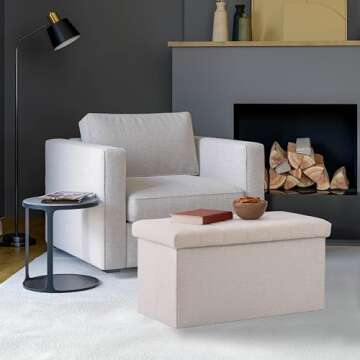 Seville Classics Cushioned Fabric Ottoman Hidden Storage Chest Footrest Chair, Padded Seat for Bedroom, Dorm, Loft, Living Room, Entryway, Hallway, White Boucle, 30" Bench