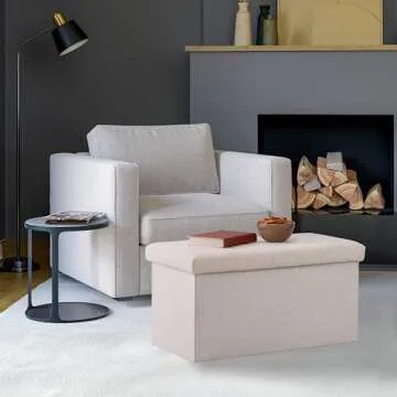 Seville Classics Cushioned Fabric Ottoman Hidden Storage Chest Footrest Chair, Padded Seat for Bedroom, Dorm, Loft, Living Room, Entryway, Hallway, White Boucle, 30" Bench