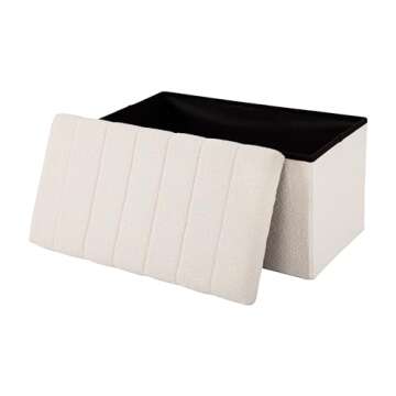 Seville Classics Cushioned Fabric Ottoman Hidden Storage Chest Footrest Chair, Padded Seat for Bedroom, Dorm, Loft, Living Room, Entryway, Hallway, White Boucle, 30" Bench