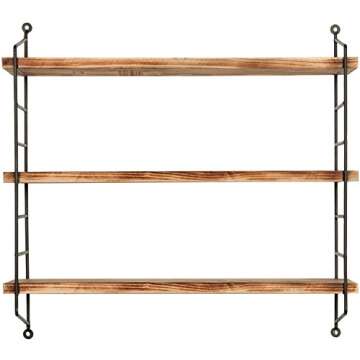 MyGift 23-Inch Modern Floating Shelves Industrial Metal and Rustic Burnt Brown Wood Adjustable Wall Mounted 3-Tier Display Shelf Unit Rack