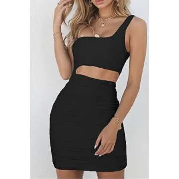 CHYRII Womens Sexy Cut-Out One Shoulder Mini Party Club Dress Black M