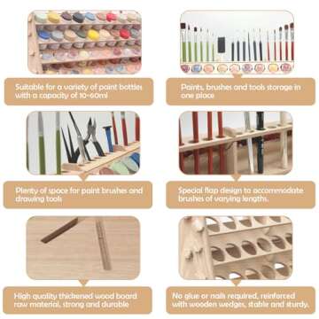 ARFETIGO Extra Large Wooden 9-Tiers 99 Bottles' Capacity Wooden Paint Organizer & Paint Brush Rack f...