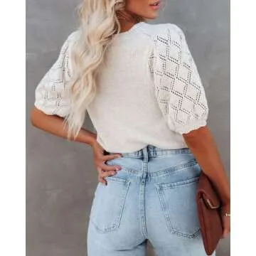 Womens Short Sleeve Sweaters Crewneck Knit Pullover Tops 2025 Summer Casual Lightweight Crochet Blouse Shirt White