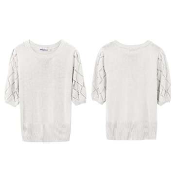 Womens Short Sleeve Sweaters Crewneck Knit Pullover Tops 2025 Summer Casual Lightweight Crochet Blouse Shirt White