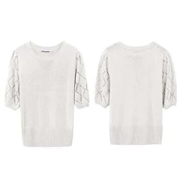 Womens Short Sleeve Sweaters Crewneck Knit Pullover Tops 2025 Summer Casual Lightweight Crochet Blouse Shirt White
